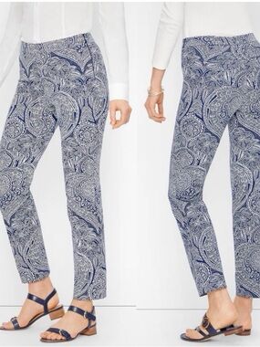Talbots Chatham Ankle Pants 14 Navy White Floral Paisley Stretch Pockets Career